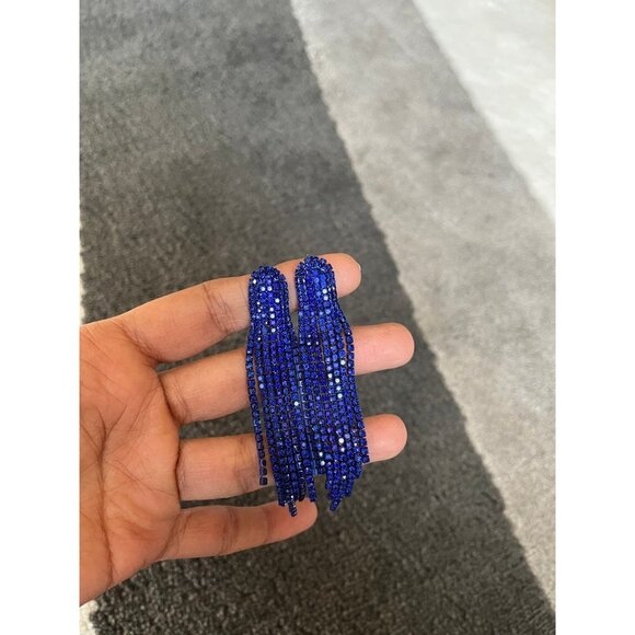 royal blue earrings long fringe crystal chandelier  blue pageant earrings - Picture 2 of 7